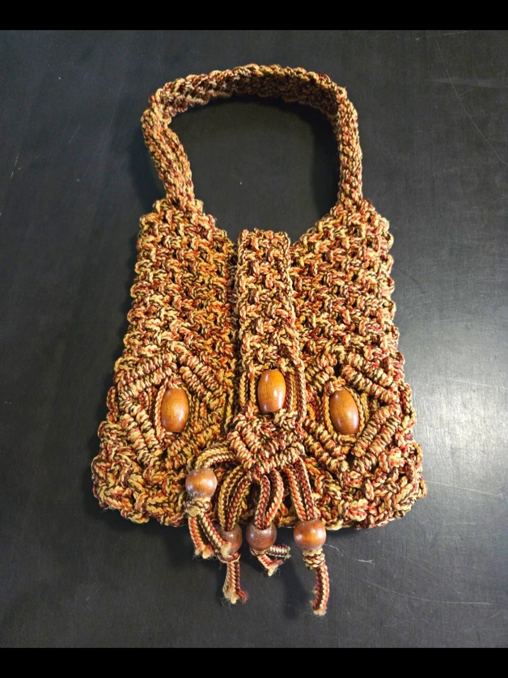 Vintage 70s Boho Macrame Handbag Wood Bead Accents Earth Tone Cottagecore